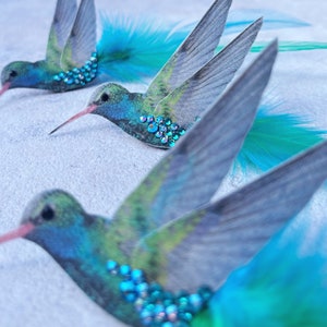 Blue hummingbird hair accessory Silk and Feathers Bird lover gift Crystal hair clip image 6