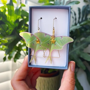 Green Luna Moth Earrings: Silk Brass Gothic Jewellry