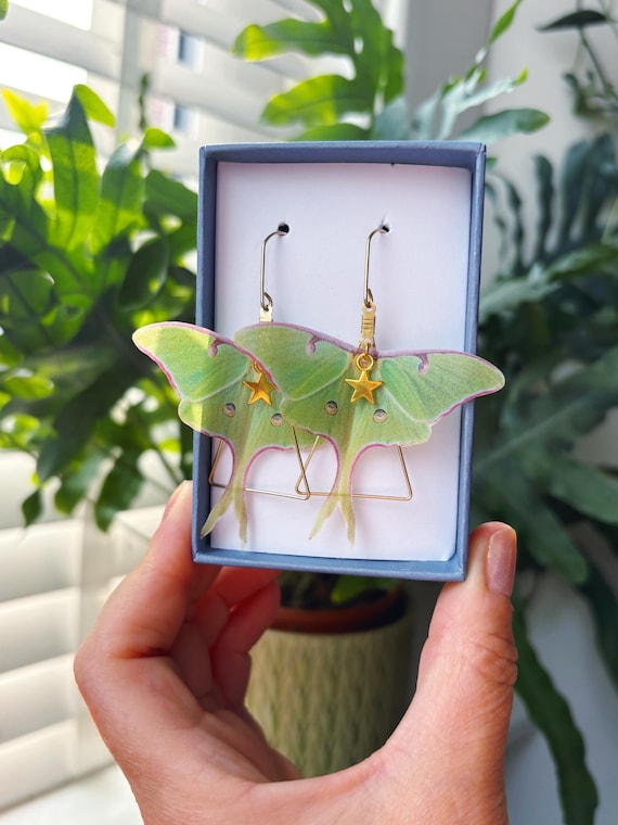 Green Luna Moth Earrings: Silk Brass Gothic Jewellry