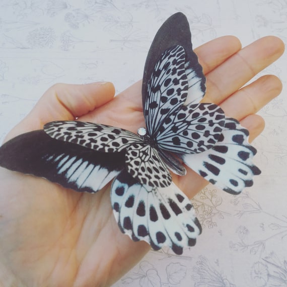 Black and White Butterfly Hair Clip Silk With Crystals - Etsy Black and White Butterfly Hair Clip Silk With Crystals - Etsy