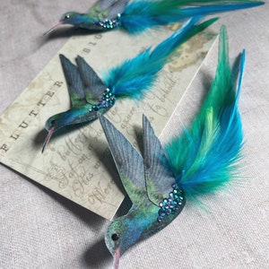 Blue hummingbird hair accessory Silk and Feathers Bird lover gift Crystal hair clip image 10