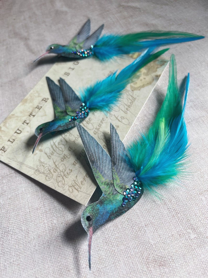 Blue hummingbird hair accessory Silk and Feathers Bird lover gift Crystal hair clip image 10