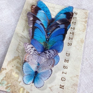 May include: A set of eight blue and grey butterfly embellishments with rhinestones. The butterflies are arranged in a stack, with the largest butterfly at the bottom and the smallest butterfly at the top. The butterflies are on a white background with brown text that reads "Flutter Designs".