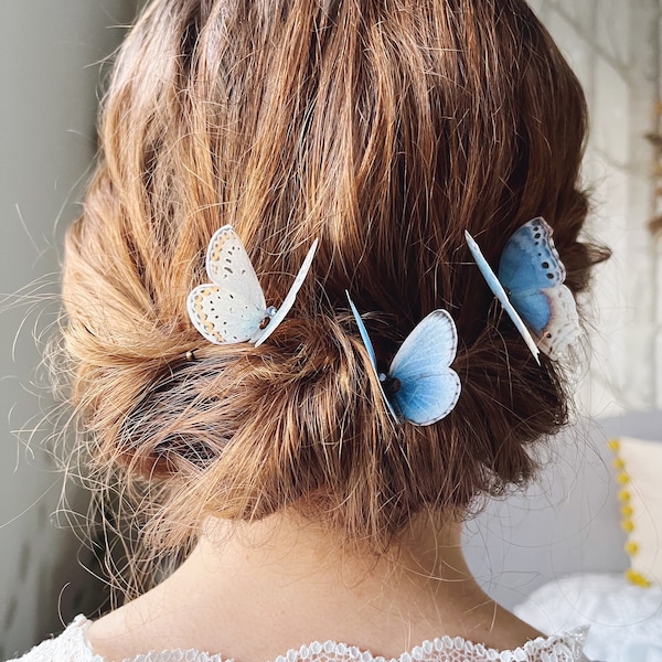 Épingles à cheveux papillon | Des accessoires de mariage bleus pour une mariée bohème | Soie et cristal