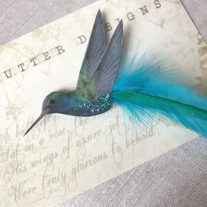 Blue hummingbird hair accessory Silk and Feathers Bird lover gift Crystal hair clip image 5