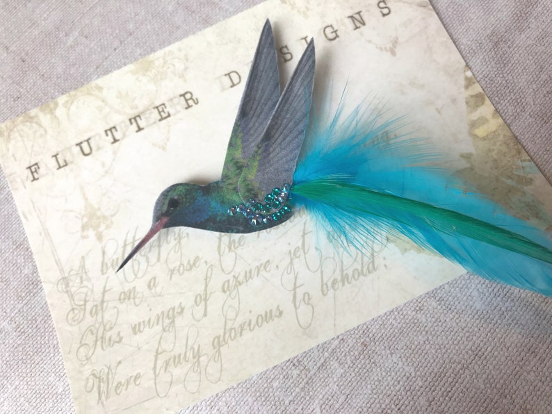 Blue hummingbird hair accessory Silk and Feathers Bird lover gift Crystal hair clip image 5