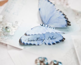 Blue Silk Butterfly Pin: Crystal adorned wedding keepsake gift