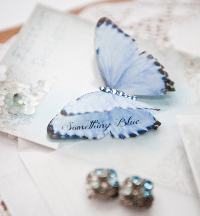 Something Blue Butterfly Silk and crystal Personalised wedding gift Bridal bouquet charm image 1