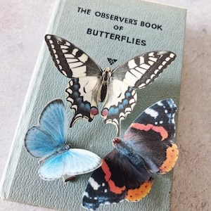 May include: A vintage book titled "The Observer's Book of Butterflies" with three butterfly stickers on the cover. The butterflies are a black and white swallowtail, a blue butterfly, and a red, black, and orange butterfly.