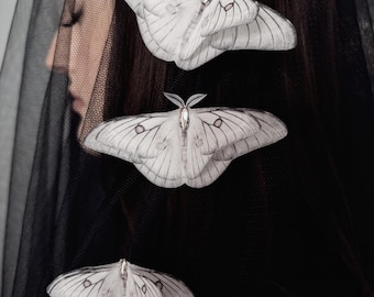 Silk Ghost Moth Hair Clip or Brooch, Crystal adorned Halloween Accessory