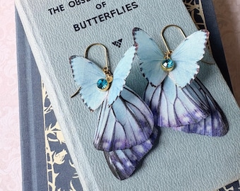 Pendientes de alas de mariposa de seda - Regalo de piedra natal de marzo - Aguamarina