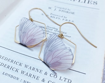 Blush Pink Butterfly Earrings - Silk and brass hexagons