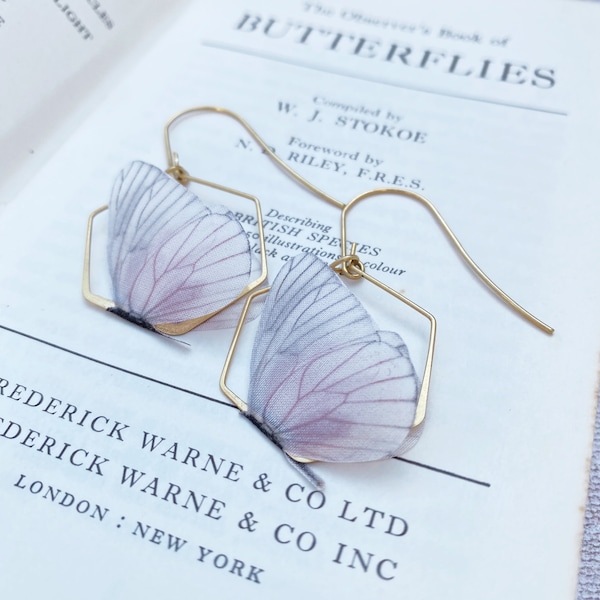 Blush Pink Butterfly Earrings - Silk and brass hexagons