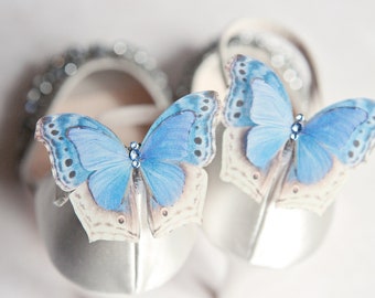 Butterfly shoe clips | Silk and crystal | Bridal wedding gift | Something Blue gift