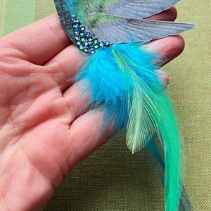 Blue hummingbird hair accessory Silk and Feathers Bird lover gift Crystal hair clip image 8