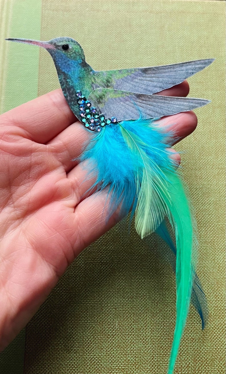 Blue hummingbird hair accessory Silk and Feathers Bird lover gift Crystal hair clip image 8