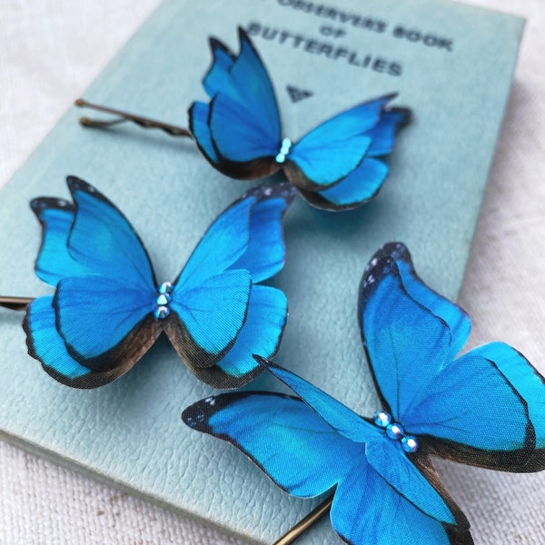 Épingles à cheveux papillon | soie et cristaux | Quelque chose de bleu pour la mariée | Accessoires de mariage de conte de fées