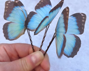 Blue Silk Butterfly Hair Pin with Crystal: Something Blue Bridal Accessory