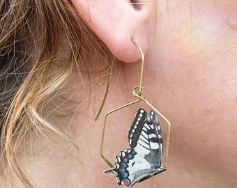 Butterfly Earrings: Silk and brass geometric dangle style, gift boxed