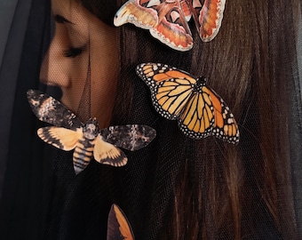 Moth and Butterfly hair clips: Silk & Crystal Autumn inspired accessories. Choose your own colours