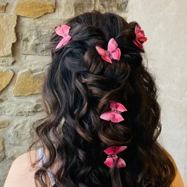 Épingle à cheveux papillon en soie or rose. Jolis accessoires de bal, cadeaux pour filles