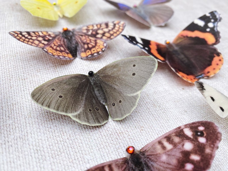 A close up image of the pretty grey ringlet butterfly. All my silk butterflies are hand cut from gently stiffened silk and look super realistic. this one has a hair clip fastening
