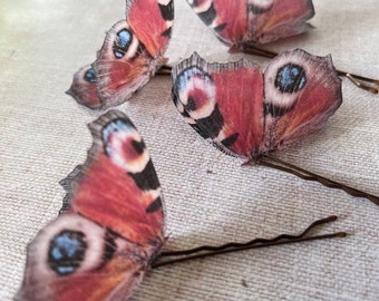 Silk Peacock Butterfly hair pin: 6cm wingspan, pretty packaging. Handcrafted whimsical gift