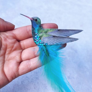Blue hummingbird hair accessory Silk and Feathers Bird lover gift Crystal hair clip image 1