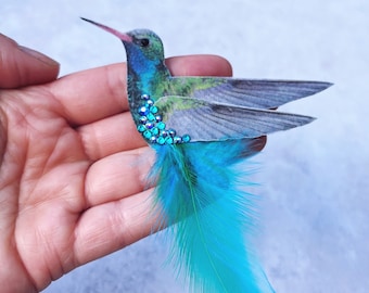 Blue hummingbird hair accessory | Silk and Feathers | Bird lover gift | Crystal hair clip