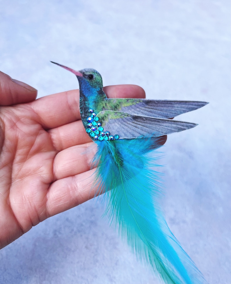 Blue hummingbird hair accessory Silk and Feathers Bird lover gift Crystal hair clip image 1