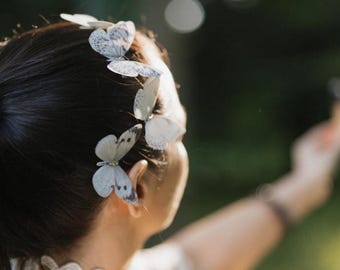 Elegant Silk Butterfly Hair Clips with Crystals for Boho Brides- Delicate Handcrafted Wedding Accessories