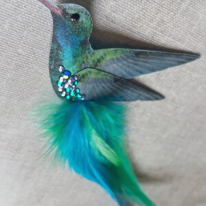 Blue hummingbird hair accessory Silk and Feathers Bird lover gift Crystal hair clip image 9