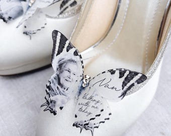 Silk Bridal Shoe Clips: Personalise with photo and words, pair of butterflies