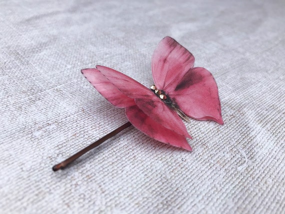 Rose Gold Silk Butterfly Hair Pin. Pretty Prom Accessories 