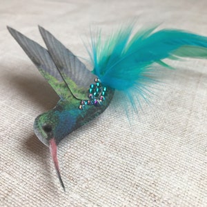 Blue hummingbird hair accessory Silk and Feathers Bird lover gift Crystal hair clip image 3