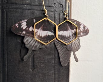 Pendientes de alas de cola de golondrina negras: seda y latón, estilo colgante.