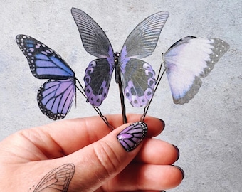 Set of 3 Purple Butterfly Hair Pins: Handcrafted silk accessories for Whimsical goths