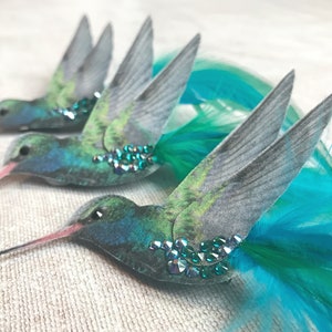 Blue hummingbird hair accessory Silk and Feathers Bird lover gift Crystal hair clip image 4