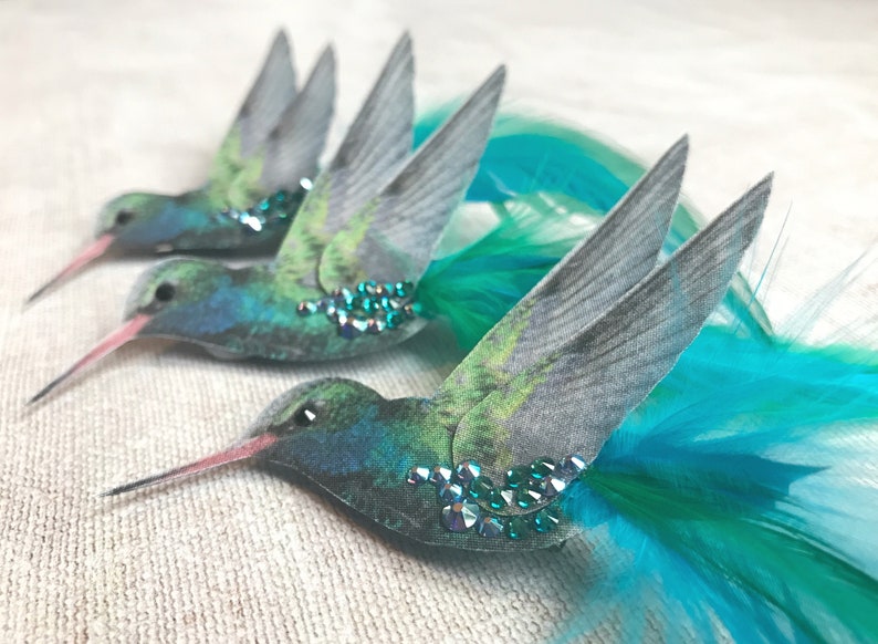 Blue hummingbird hair accessory Silk and Feathers Bird lover gift Crystal hair clip image 4