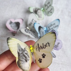 A little pale yellow silk butterfly sits on finger tips. On the butterfly are an image of a cat and the name amber. there are also paw prints and co ordinating coloured crystals