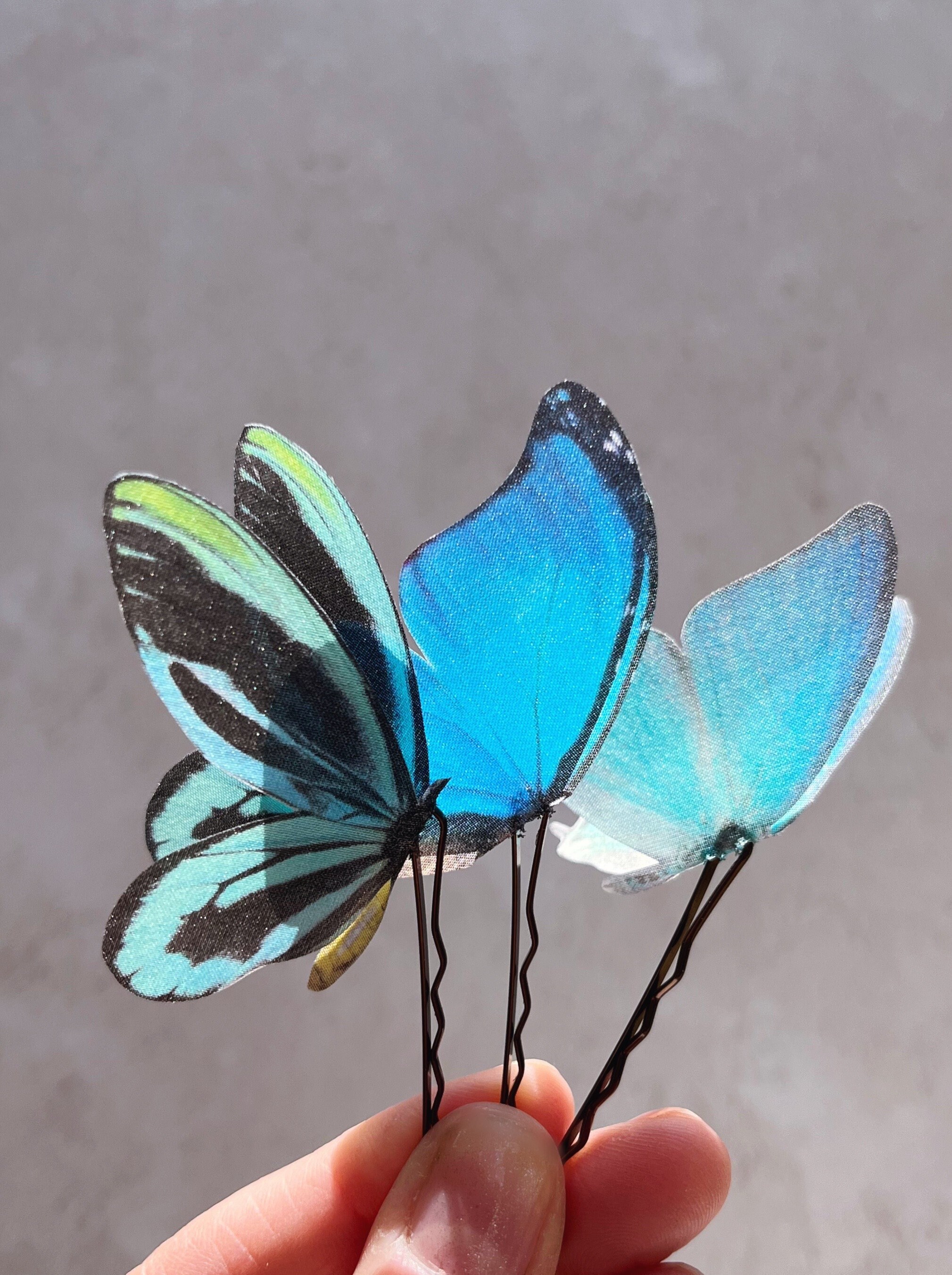 Blue Silk Butterfly Hair Pins: Light and Fluttery, Set of  display picture 3