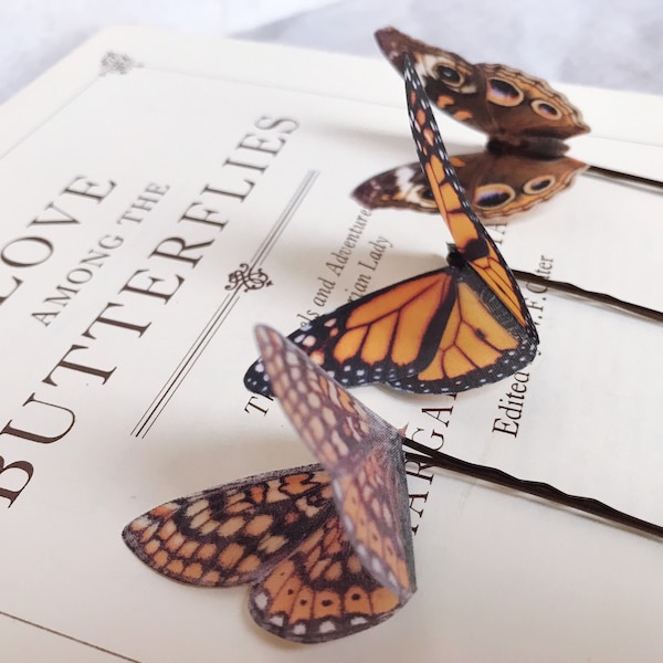 Silk Butterfly hair pins, delicate and realistic, wedding hair accessories, nature lover gift