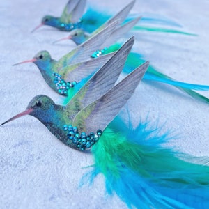 Blue hummingbird hair accessory Silk and Feathers Bird lover gift Crystal hair clip image 2