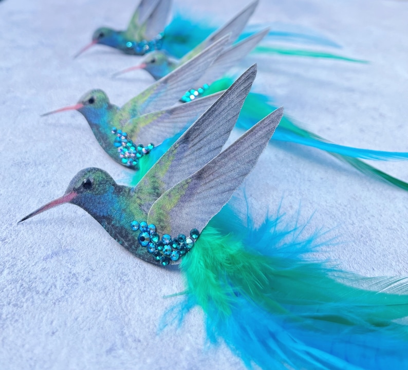 Blue hummingbird hair accessory Silk and Feathers Bird lover gift Crystal hair clip image 2