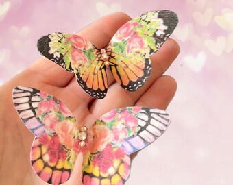 Pinzas para el cabello con mariposa rosa monarca, seda y cristal, regalo de San Valentín
