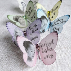 Pretty little silk butterfly keepsake pins in soft pastel colours, white, lemon, pale green, pale blue, lilac, pale pink. All have been personalised with images and words