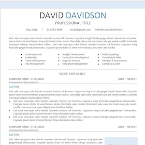 Könnte beinhalten: Eine Lebenslaufvorlage mit dem Namen "David Davidson" oben. Der Lebenslauf enthält Kontaktinformationen, einen beruflichen Titel, Fähigkeiten und Berufserfahrung. Das Dokument ist hauptsächlich schwarzer Text auf weißem Hintergrund.