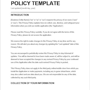 Puede incluir: Documento blanco con el título "MOBILE APP PRIVACY POLICY TEMPLATE" en texto negro. El documento detalla las políticas de privacidad para aplicaciones móviles, incluida la recopilación de datos y los derechos del usuario. El texto está claramente formateado.