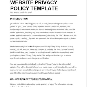 以下が含まれることがあります： 黒いテキストで「WEBSITE PRIVACY POLICY TEMPLATE」というタイトルの白いドキュメント。このドキュメントは、データ収集とユーザーの権利に関するセクションを含む、Webサイトのプライバシーポリシーの概要を示しています。テキストは見出しと段落で書式設定されています。