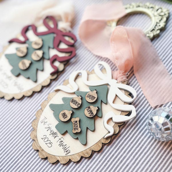 Personalized Family Christmas Ornament: Scalloped Bow, Vintage Retro Gift